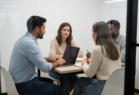A modern coworking meeting room featuring a table, chairs, laptops, and notebooks in a professional workspace environment.
