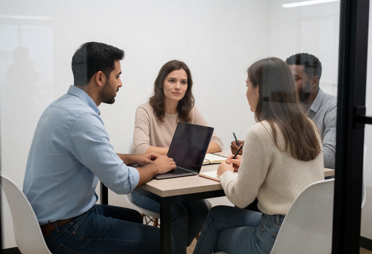 A modern coworking meeting room featuring a table, chairs, laptops, and notebooks in a professional workspace environment.