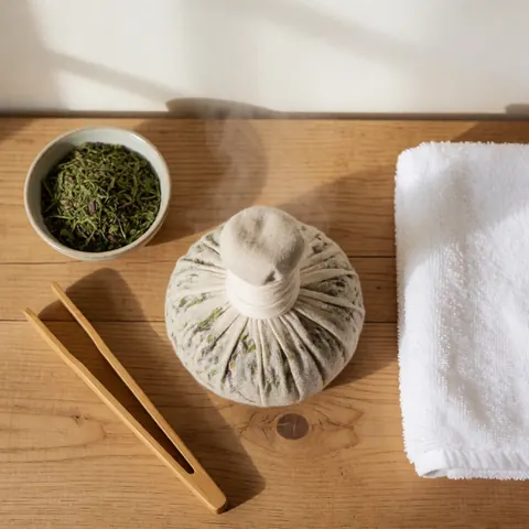 Hot herbal poultice wrapped in cloth with tongs, white towel, and dried herbs in a cup on a wooden table with natural light.