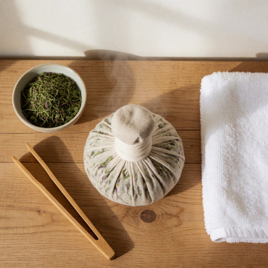 Hot herbal poultice wrapped in cloth with tongs, white towel, and dried herbs in a cup on a wooden table with natural light.