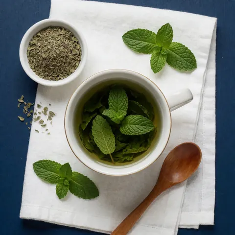 Fresh mint tea served in a white cup on a white cloth with mint leaves, a wooden spoon, and dried spices against a dark blue background