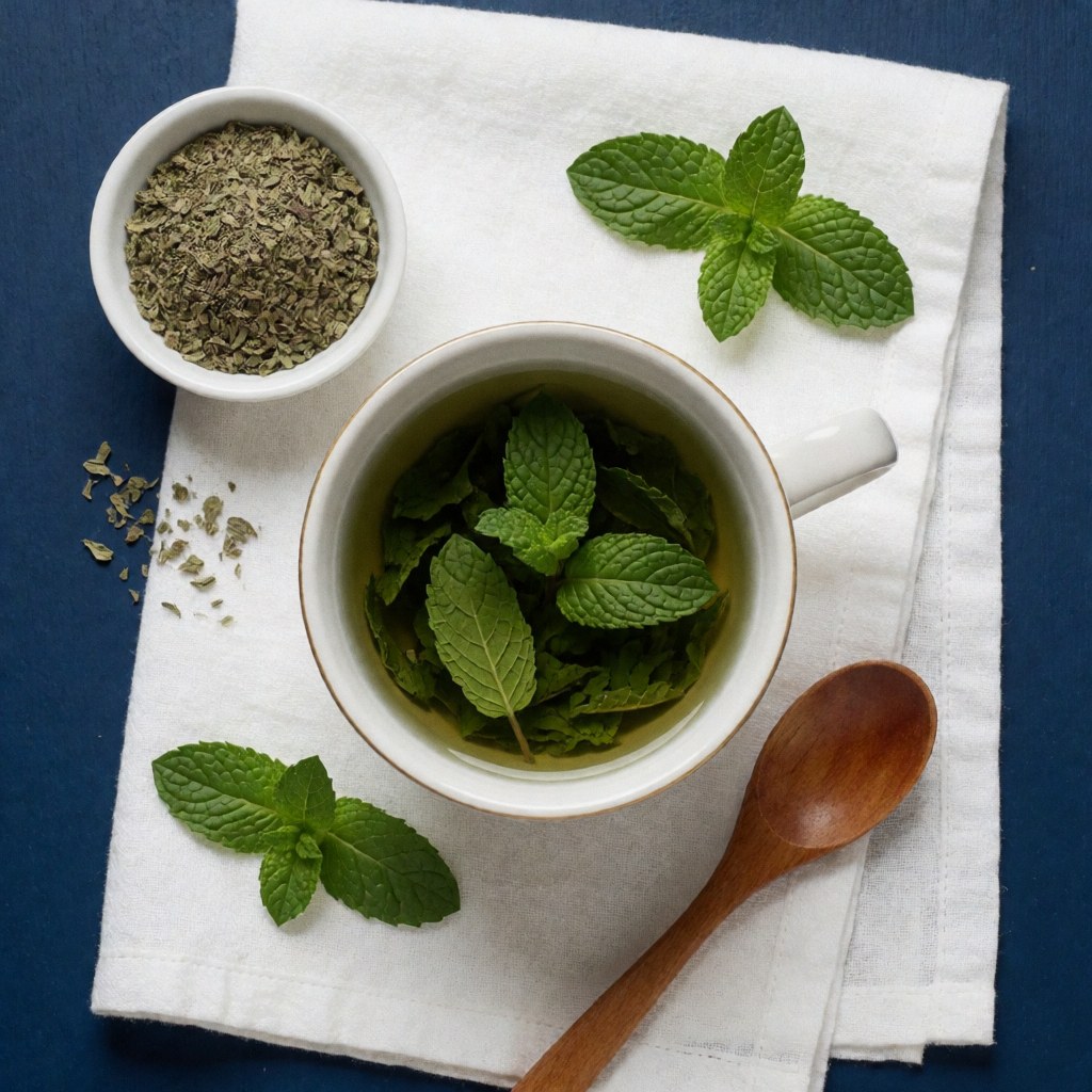 Fresh mint tea served in a white cup on a white cloth with mint leaves, a wooden spoon, and dried spices against a dark blue background