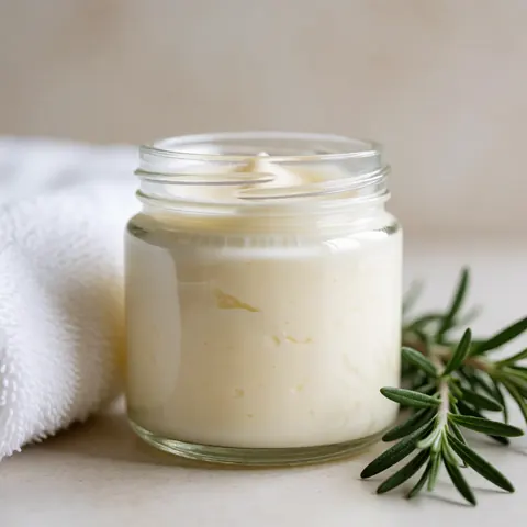 Therapeutic cream in a glass jar next to a white towel and a sprig of rosemary, ideal for massages and skin care