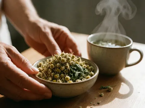 Hands holding a ceramic cup of steaming herbal tea with dried herbs on a wooden table, creating a natural and cozy atmosphere for therapeutic massage and relaxation.