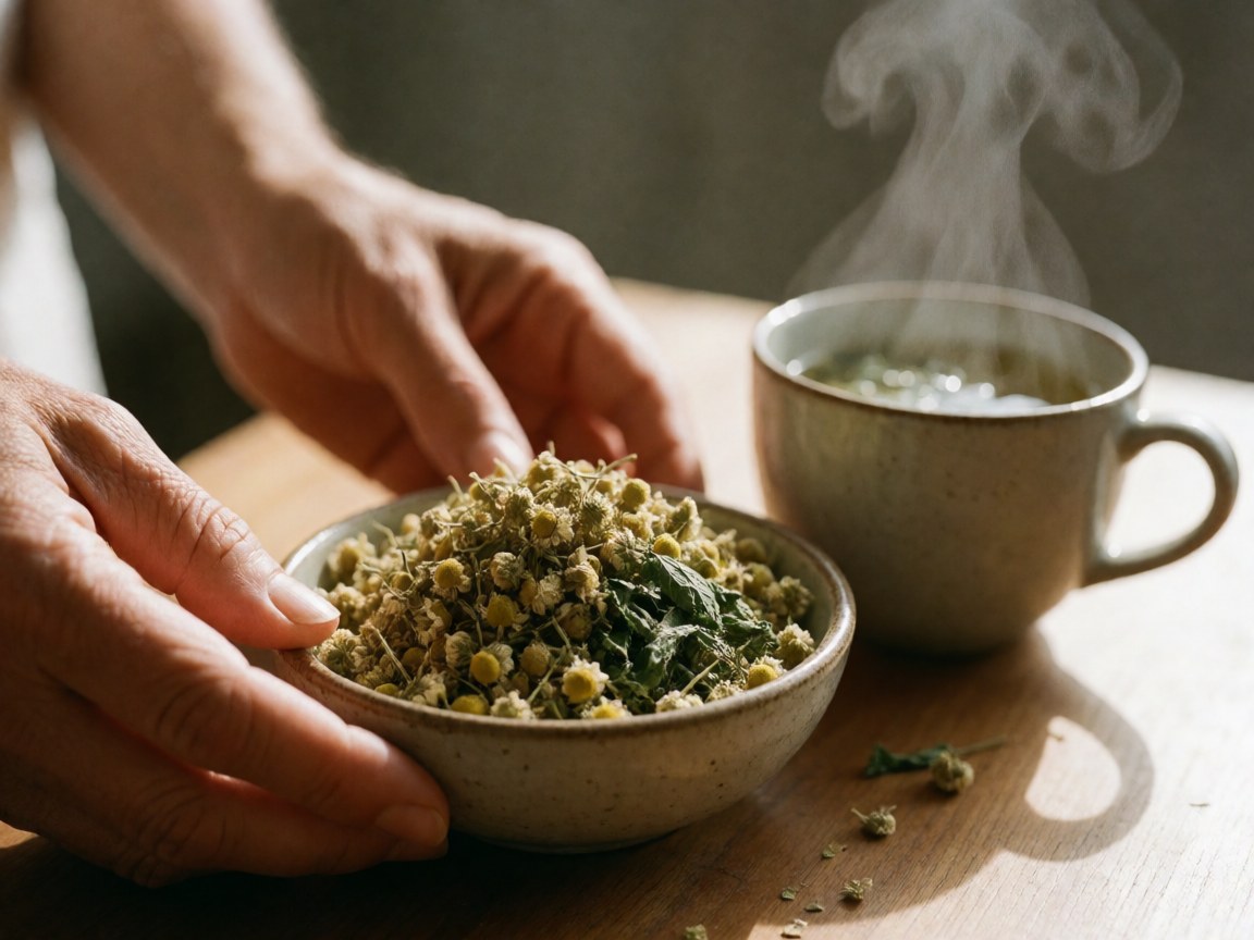 Hands holding a ceramic cup of steaming herbal tea with dried herbs on a wooden table, creating a natural and cozy atmosphere for therapeutic massage and relaxation.
