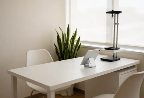Clean modern physical therapy room featuring a white table, tablet, goniometer, plant, and natural light for postural assessment.