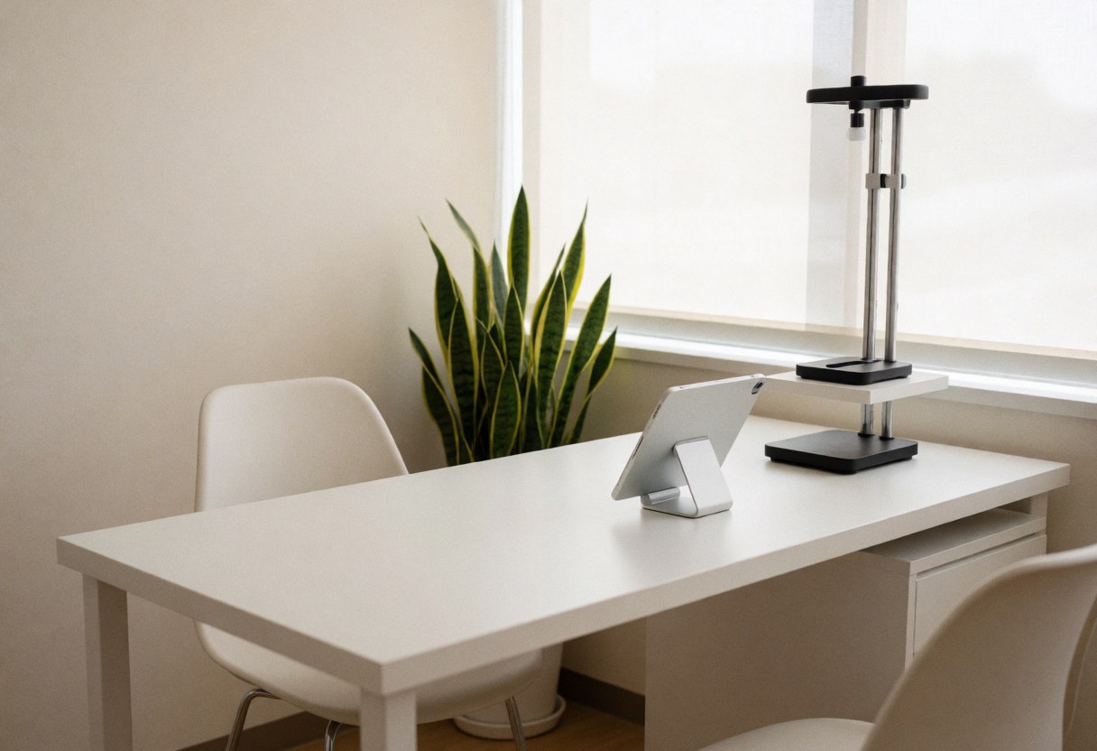 Clean modern physical therapy room featuring a white table, tablet, goniometer, plant, and natural light for postural assessment.