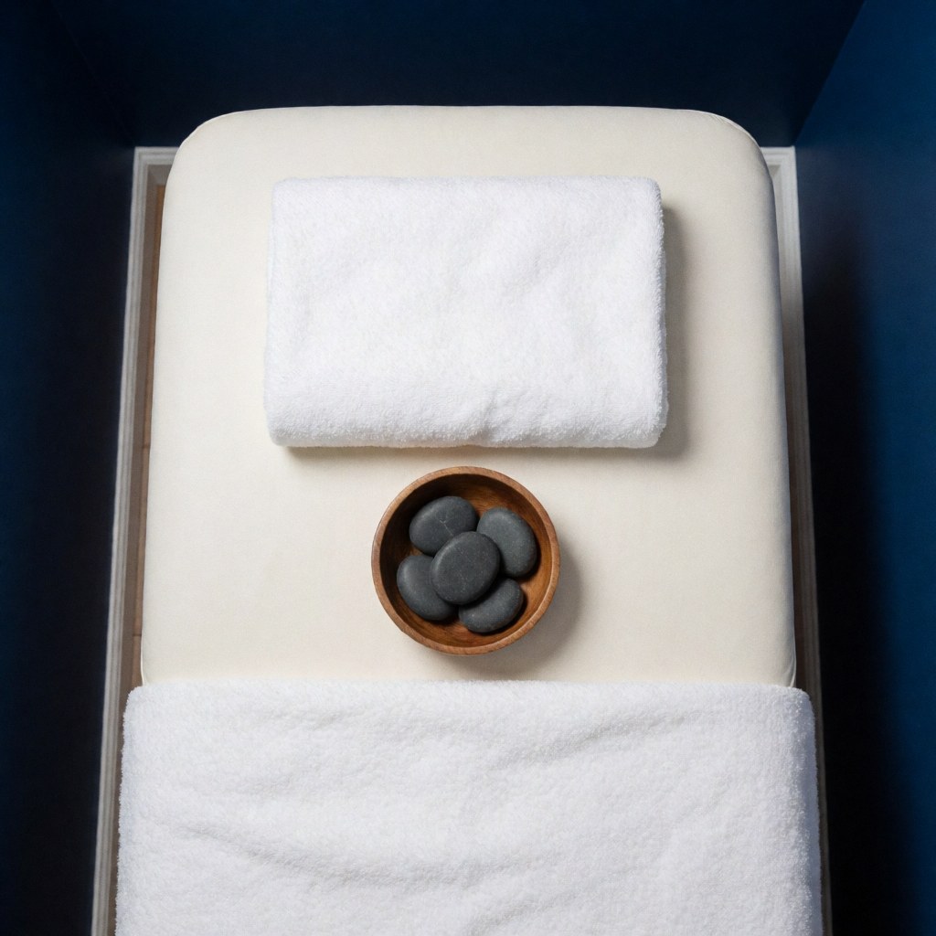 Wooden bowl holding hot basalt stones next to a white towel on a massage table for physical therapy and relaxation treatment