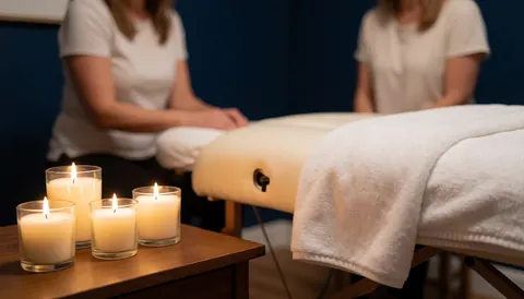 Several lit candles placed on a surface in a dimly lit massage room, creating a warm and relaxing atmosphere for therapeutic treatments.