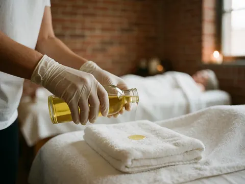 Close-up view of hands pouring clear therapeutic oil from a bottle onto a folded white towel, highlighting relaxation and spa care details