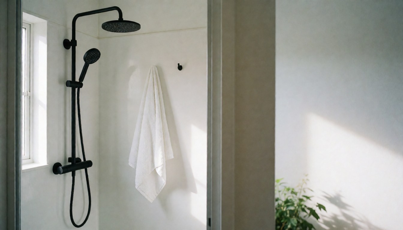 Modern design shower featuring a white towel, white walls, natural light, and a plant, suitable for spa or therapeutic massage settings.
