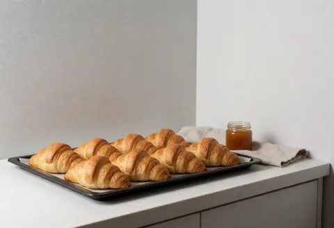 A close-up view of golden, freshly baked croissants arranged on a baking sheet with a soft gray background and natural lighting.