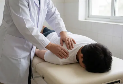 A physical therapist performs manual joint mobilization on a patient's shoulder during a treatment session at a clinic.