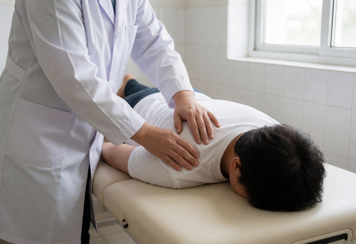 A physical therapist performs manual joint mobilization on a patient's shoulder during a treatment session at a clinic.
