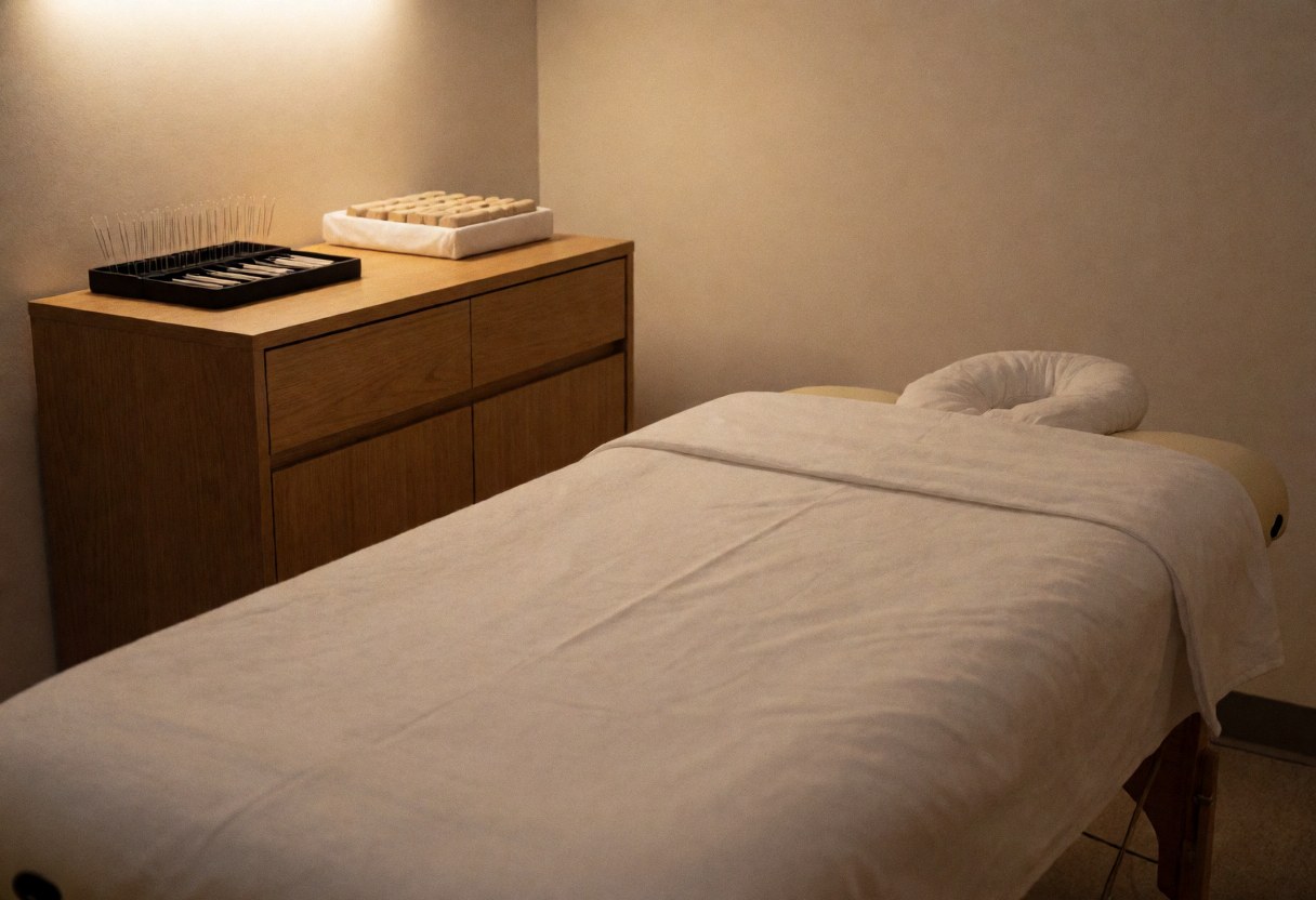 A clean and minimalist empty room prepared for acupuncture therapy, featuring a treatment bed with white linens, wooden accents, and soft lighting for relaxation.
