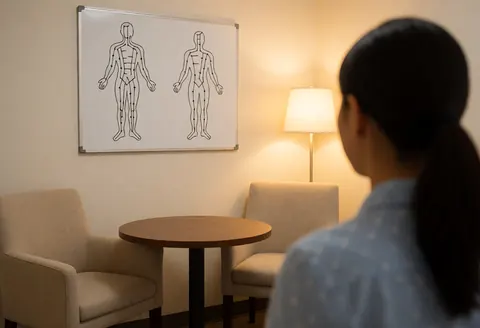 A warm and inviting acupuncture consultation area featuring a round table, comfortable chair, and meridian chart on the wall, illuminated by soft lighting for a relaxing atmosphere.