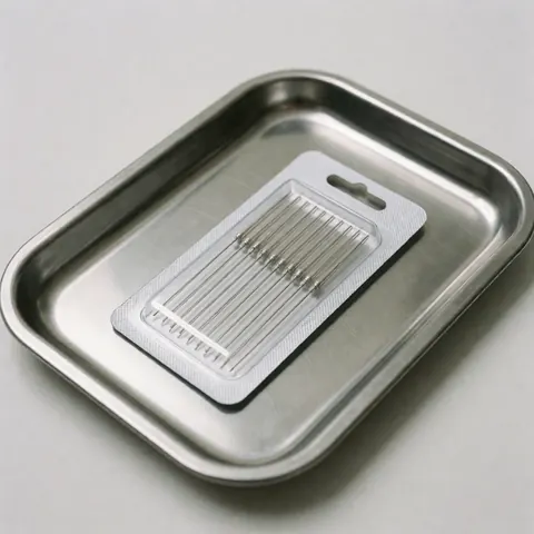 Close-up view of a sterile blister pack containing acupuncture needles, ready for use in a clinic or wellness practice for natural healing and therapy