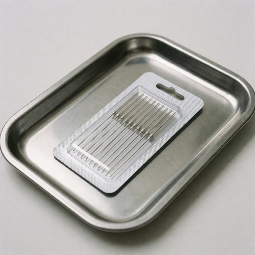 Close-up view of a sterile blister pack containing acupuncture needles, ready for use in a clinic or wellness practice for natural healing and therapy