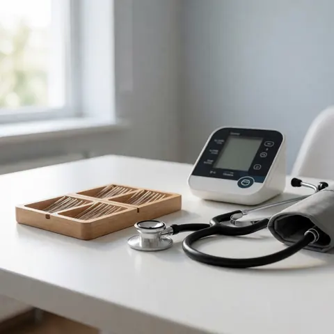 Acupuncture needles and a stethoscope on a clinical table alongside a blood pressure monitor, illustrating western medical integration in a modern healthcare setting.