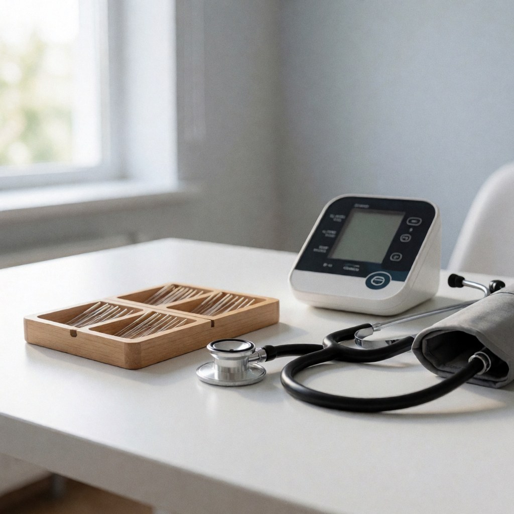 Acupuncture needles and a stethoscope on a clinical table alongside a blood pressure monitor, illustrating western medical integration in a modern healthcare setting.