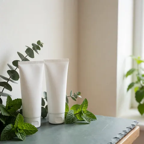 Two white mint and eucalyptus cream tubes on a stone surface surrounded by fresh green leaves in soft natural light