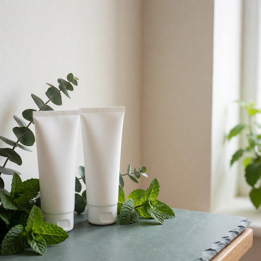 Two white mint and eucalyptus cream tubes on a stone surface surrounded by fresh green leaves in soft natural light