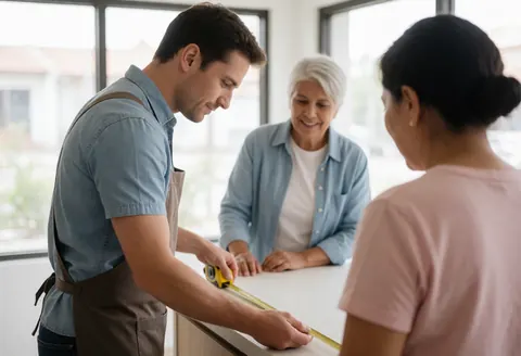 A carpenter measures a kitchen table with a tape measure while two clients observe the work in a naturally lit home interior.