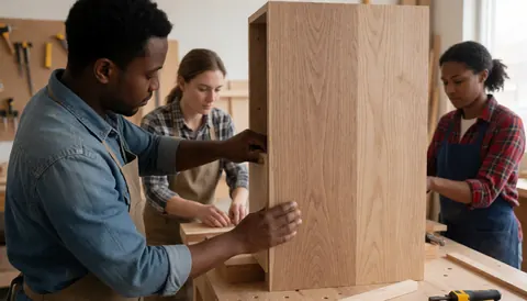 Three carpenters collaborate to assemble a wooden cabinet in a well-lit workshop with visible tools and realistic manual work environment