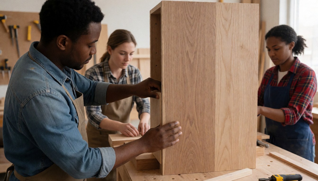 Three carpenters collaborate to assemble a wooden cabinet in a well-lit workshop with visible tools and realistic manual work environment