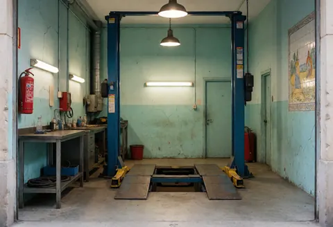 Interior view of a clean auto repair garage featuring a hydraulic lift, concrete walls, and organized tools under bright industrial lighting