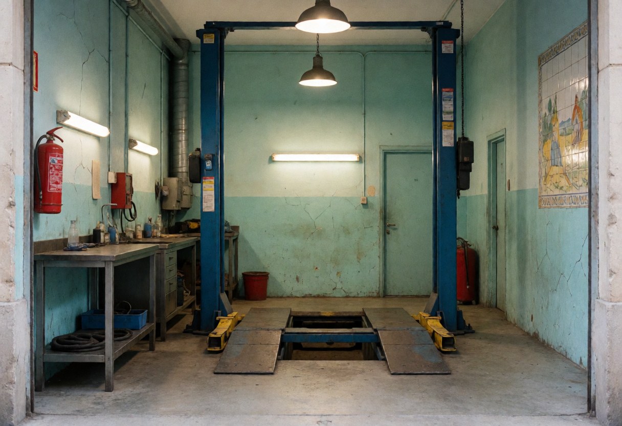 Interior view of a clean auto repair garage featuring a hydraulic lift, concrete walls, and organized tools under bright industrial lighting