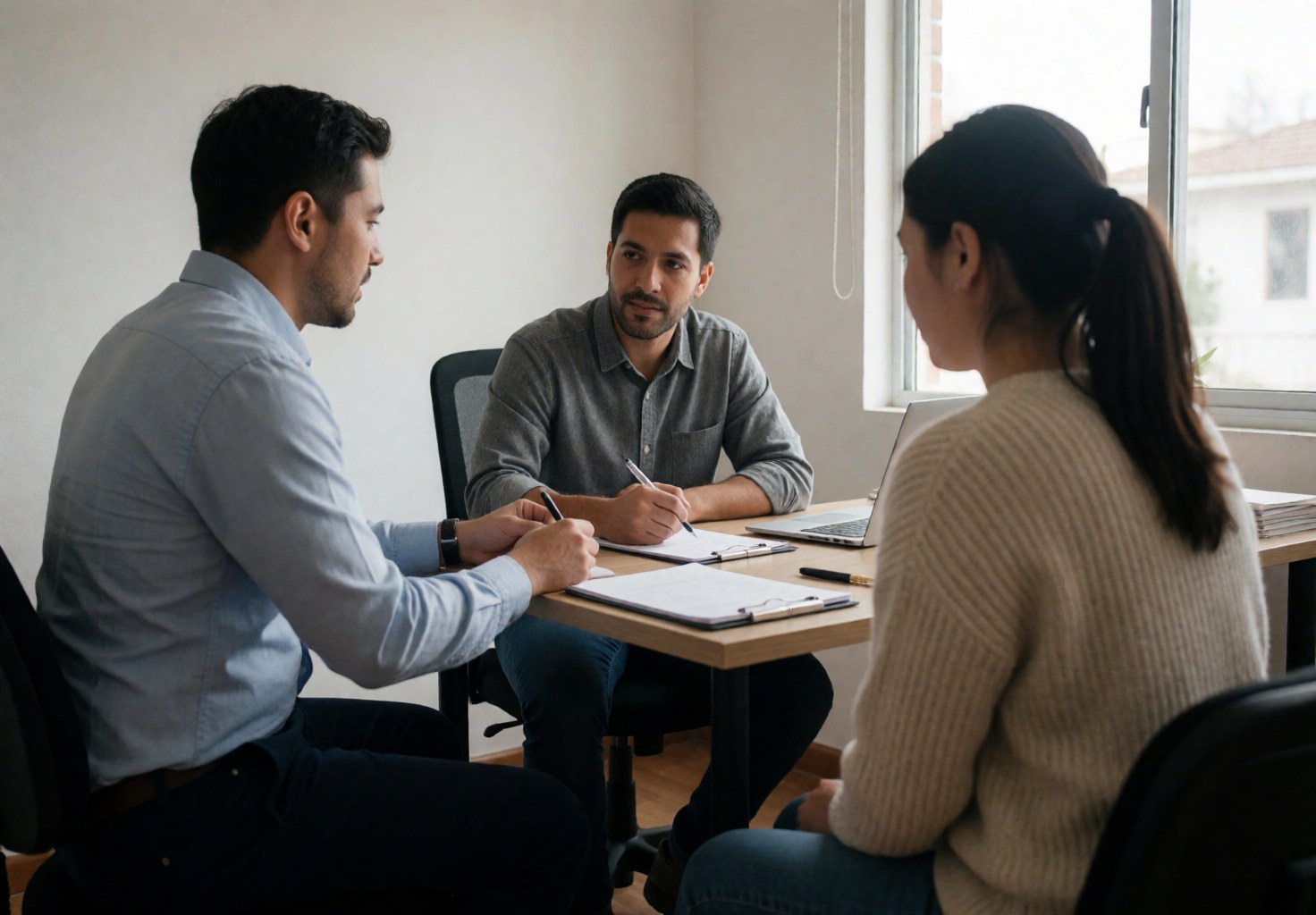 A trainer and client sit at a desk with a laptop and notebooks, discussing business concepts in a naturally lit office space.
