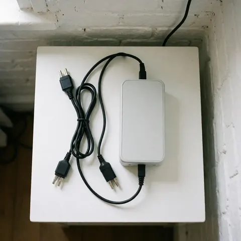 White electroacupuncture device with black cable on white surface against painted brick wall with clean modern lighting