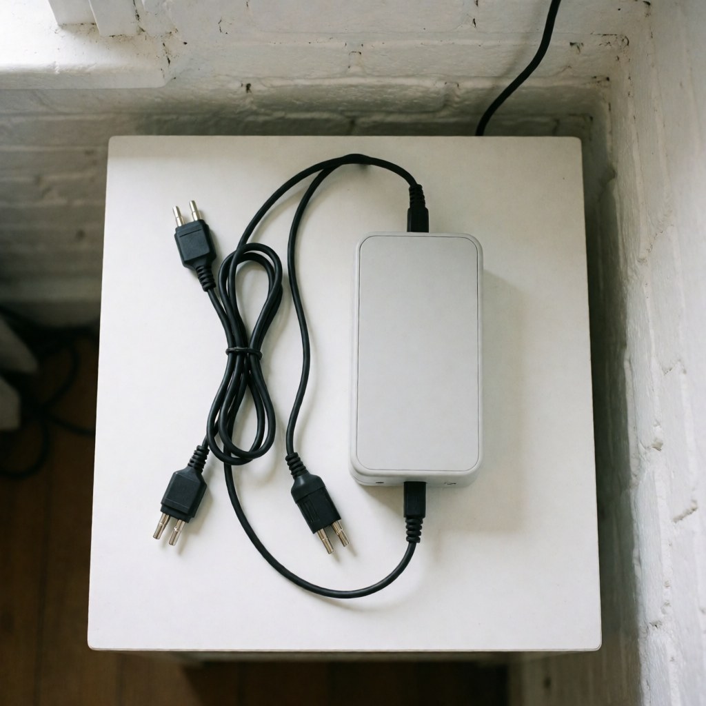 White electroacupuncture device with black cable on white surface against painted brick wall with clean modern lighting