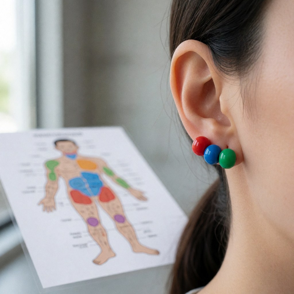 Close-up view of small beads attached to an earlobe, illustrating acupressure points used in alternative therapy and natural health treatments