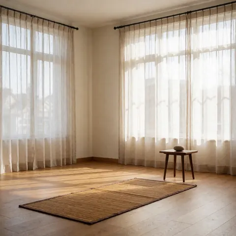 A serene qigong studio featuring a wooden table, bamboo decor, and soft natural light filtering through curtains onto a calm, minimalist space.