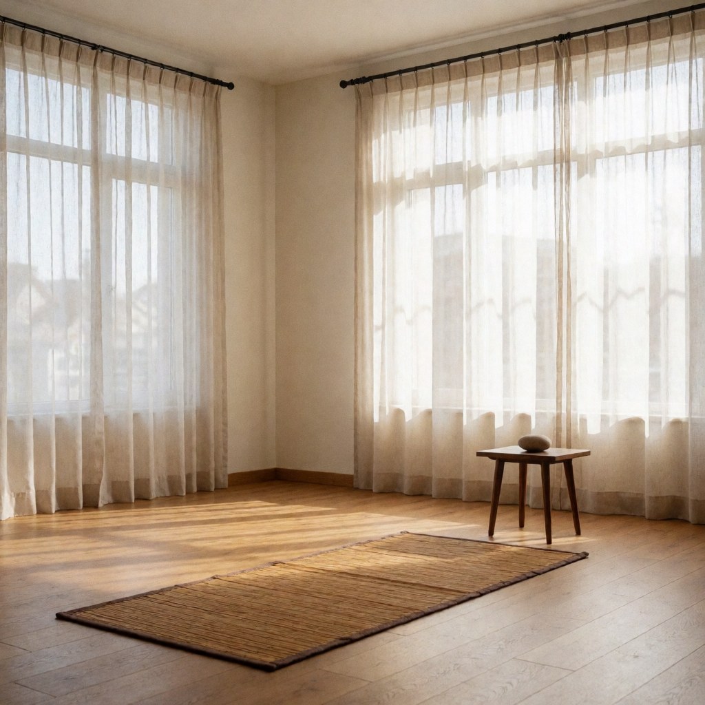 A serene qigong studio featuring a wooden table, bamboo decor, and soft natural light filtering through curtains onto a calm, minimalist space.
