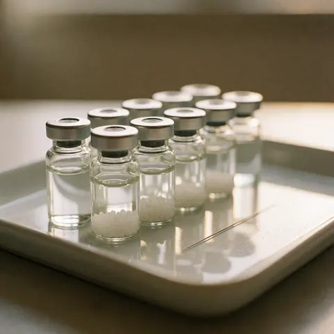 White ceramic tray holding homeopathy vials with liquid and granules alongside a single acupuncture needle in a clean clinical setting with natural light