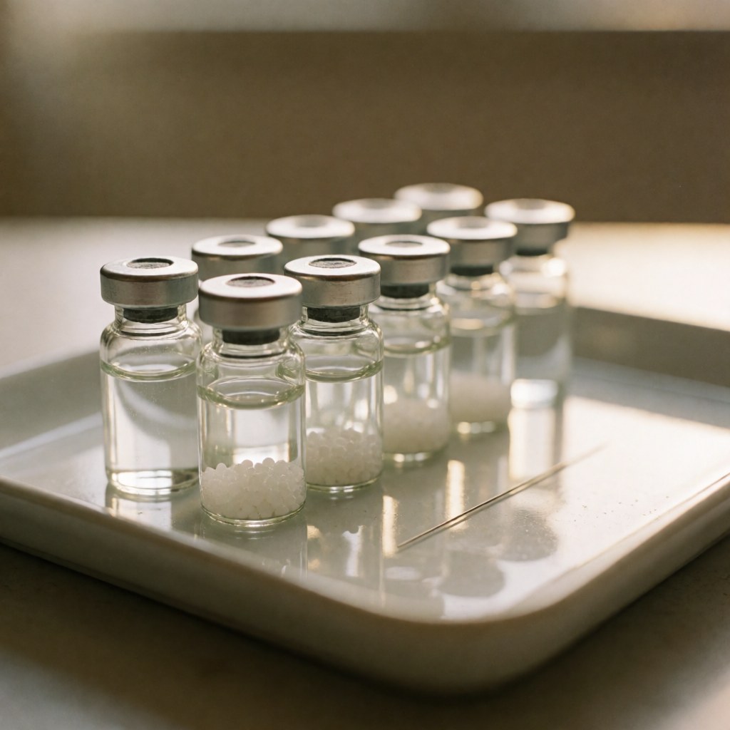White ceramic tray holding homeopathy vials with liquid and granules alongside a single acupuncture needle in a clean clinical setting with natural light