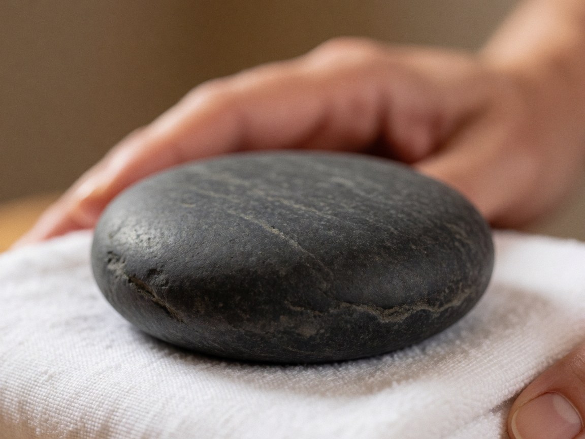 Close-up of a smooth black basalt massage stone resting on a folded white towel, highlighting texture and relaxation for therapy and wellness.