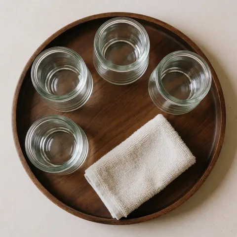 A clean and organized wooden tray holding a set of glass cupping therapy tools alongside a folded white towel, ready for a wellness treatment session