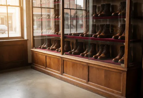 Wooden vitrine holding leather boots inside a boutique shoe shop with natural window light and concrete floor