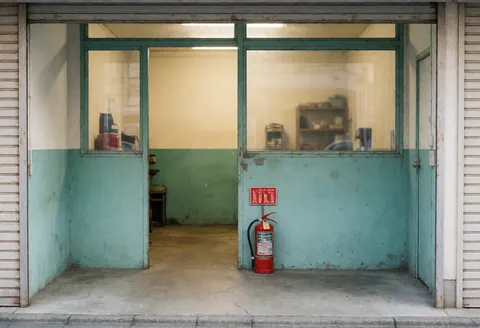 Open doorway of an auto repair shop interior featuring turquoise walls, concrete floor, and a red fire extinguisher mounted on the wall.