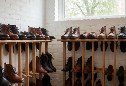 A clean drying rack with leather shoes and boots placed on wooden shelves inside a boutique shoe store with white brick walls and natural light.