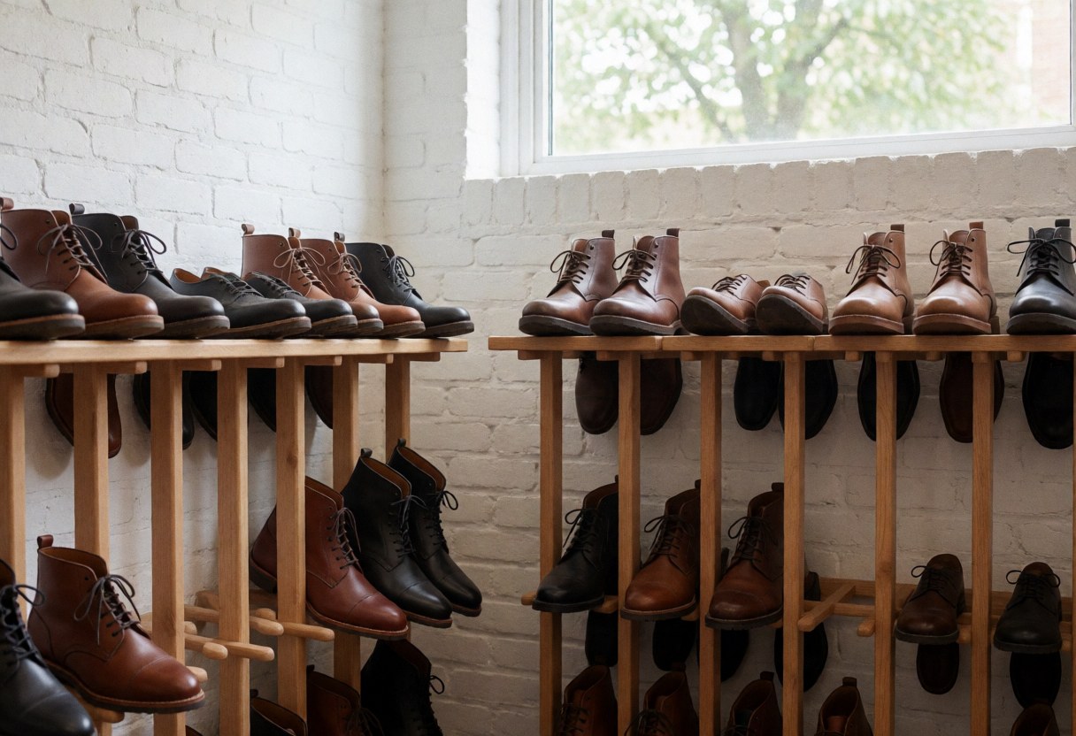 A clean drying rack with leather shoes and boots placed on wooden shelves inside a boutique shoe store with white brick walls and natural light.