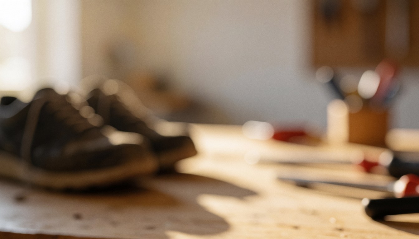 Blurred workshop background with warm lighting, wooden textures, and tools suitable for text placement