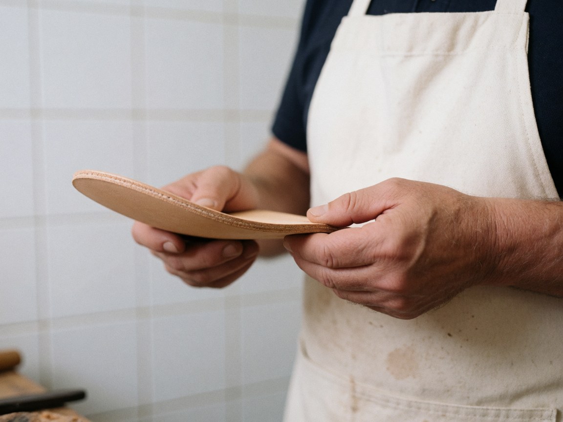 A cobbler holds a natural leather shoe sole in a workshop with white tiles and tools visible, focusing on the material texture.