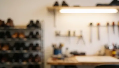 A cozy workshop space featuring a wooden workbench, shelves, and various tools, providing a neutral background suitable for text overlay.