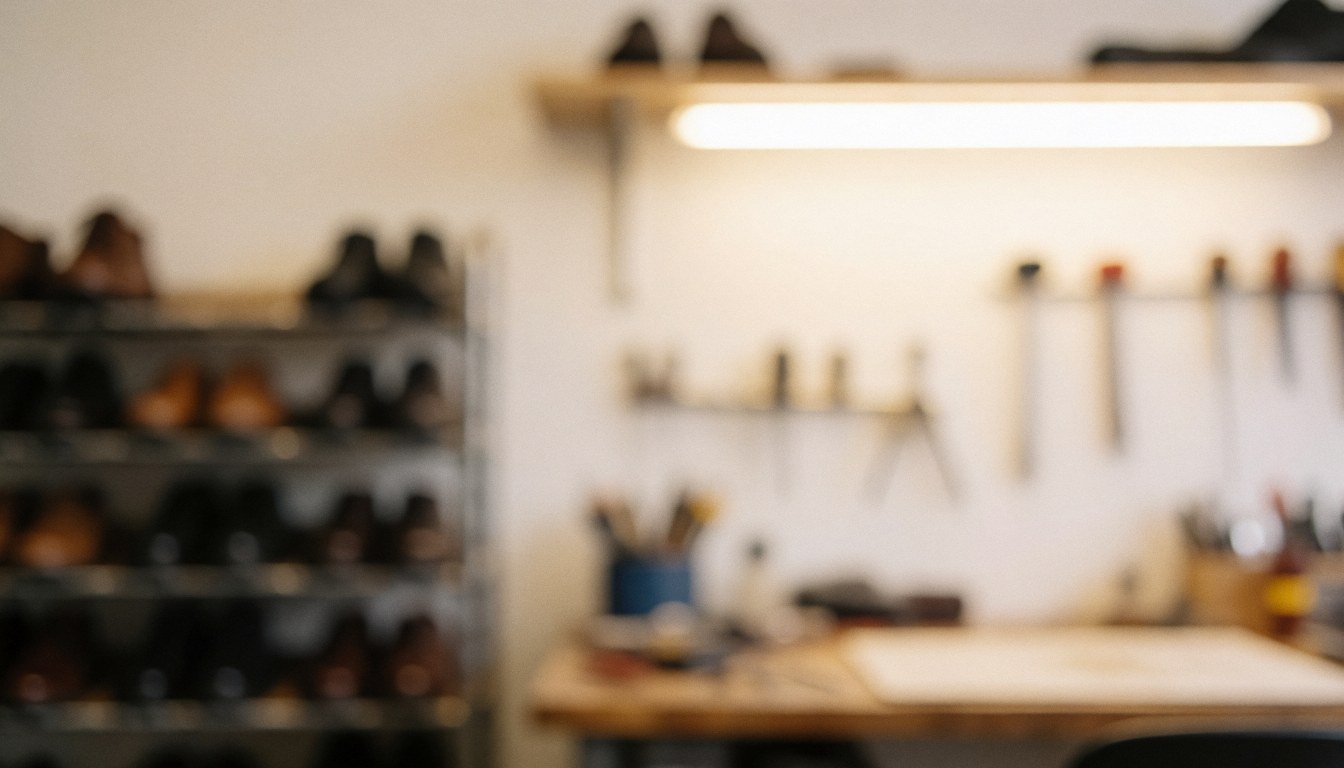 A cozy workshop space featuring a wooden workbench, shelves, and various tools, providing a neutral background suitable for text overlay.