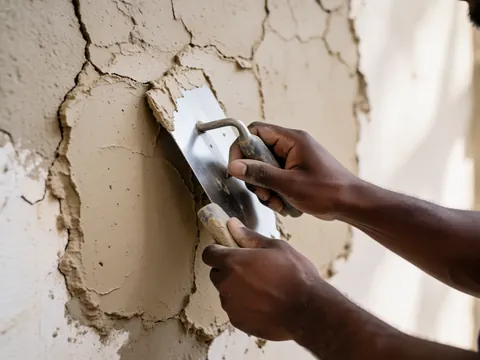 Close-up of hands carefully applying a white plaster cast to a limb, focusing on the detailed texture and manual repair process.